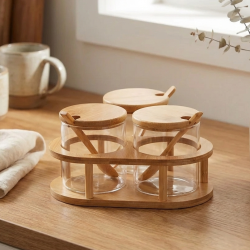 Glass Jar Set 3 Pcs With Wooden Base